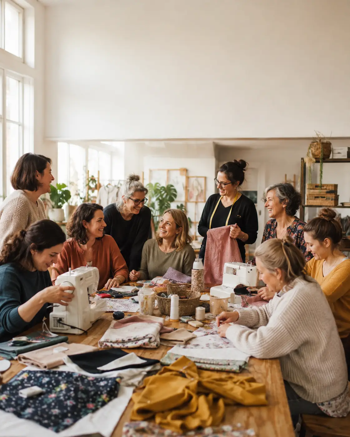 Atelier couture en groupe autour d'une grande table